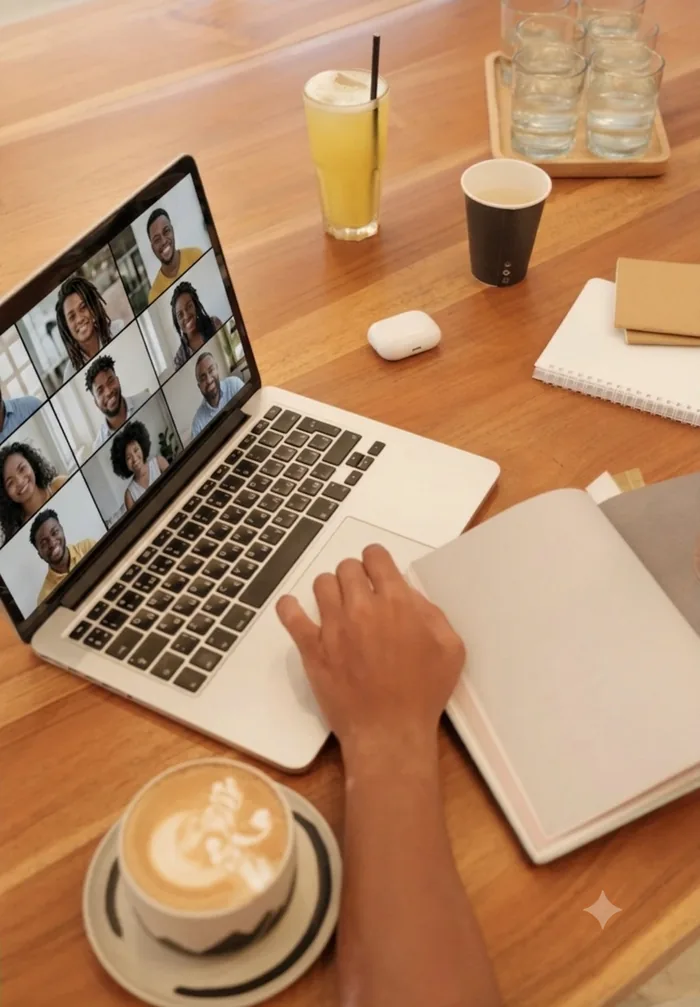 A laptop on a wooden desk showing a video call with several participants, beside a notebook and a coffee